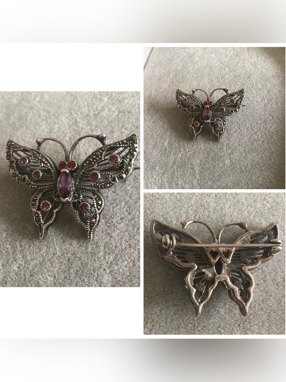 🪷 Vintage Sterling Silver Filigree Butterfly Brooch w/Purple Gem Accents Stamped